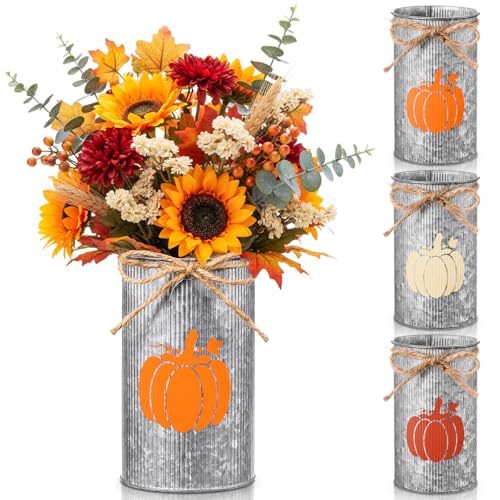 Thanksgiving Fall Pumpkin Vase Set - Rustic Metal Centerpieces, 3 Pieces, Iron Color