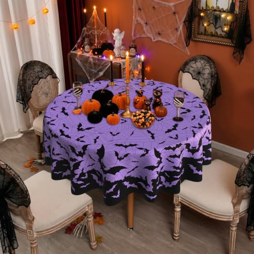 Halloween Bat & Spiderweb Round Tablecloth 60 Inch - Purple, Machine Washable & Stain Resistant - Variation: Bat/Halloween-60"