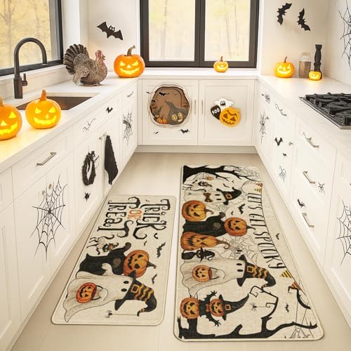 Halloween Pumpkin Kitchen Rugs Set of 2 Non Slip Washable - Fall Decor