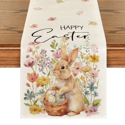 Easter Bunny Eggs Flowers Basket Table Runner 13x108 Inch Beige Seasonal Spring Home Decor