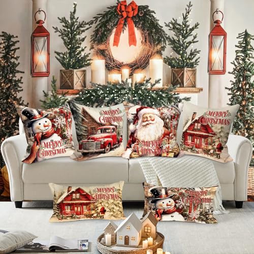 24x24 Christmas Throw Pillow Covers Set of 4 - Holiday Santa & Winter Decor
