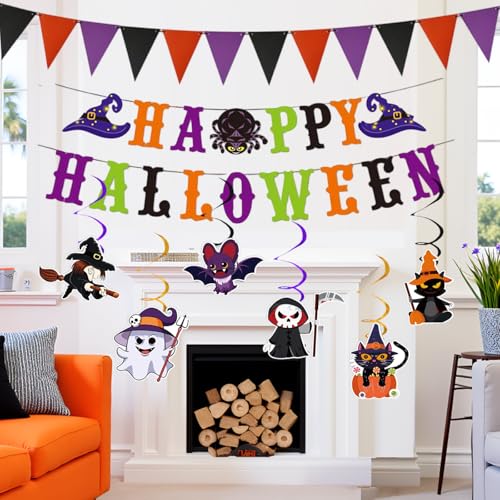 Halloween Banner Indoor Decor Set with Flags, Swirls & Characters - Orange & Purple