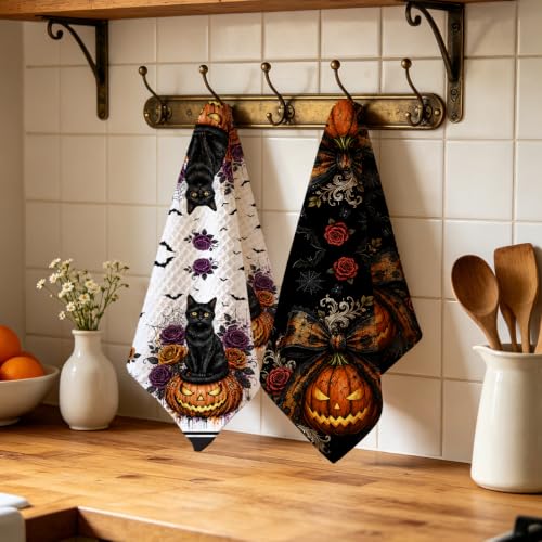 Halloween Kitchen Towels - Black Cat Design, 2 Pack, Absorbent Microfiber, 14x24 Inches - Multi 1672