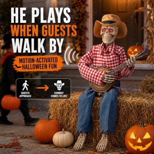 Halloween Animatronic Banjo Skeleton - Cowboy Skeleton Decor with LED Eyes - Variation of THIS listing
