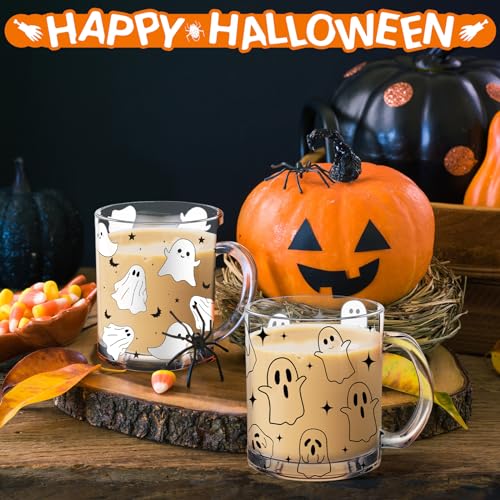 Halloween Ghost Glass Coffee Mug Set - 4 Pcs 12oz Spooky Ghost Pattern Drinkware
