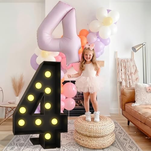 Black 4FT Light Up Number 4 Marquee for Birthday Party Decorations - Foam Cardboard Giant Cut-Out