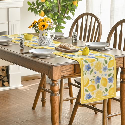 Yellow 13x120 Inch Summer Table Runner - Lemon Flowers Polyester Home Decor