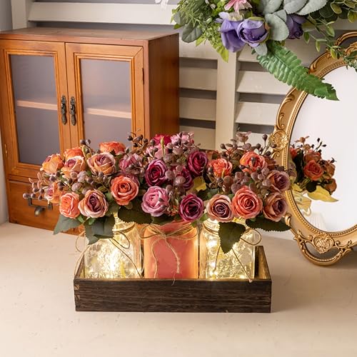 Farmhouse Mason Jar Centerpiece with Pink & Orange Artificial Fall Flowers - Rustic Table Decoration