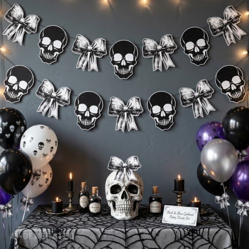 Gothic Skull and Bow Party Banner Set - Spooky Halloween & Birthday Decorations