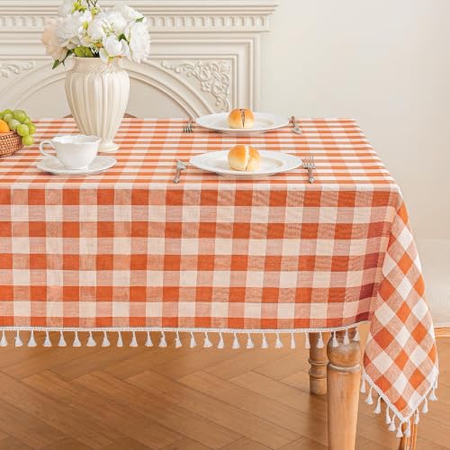 Orange Gingham Rectangular Tablecloth 55x120 Inch Cotton Linen Farmhouse Decor - Variation: Orange / 120" x 55"