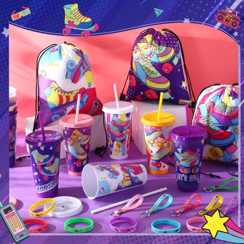 Roller Skate Party Favors Set with Reusable Cups Backpack Bracelets & Keychains