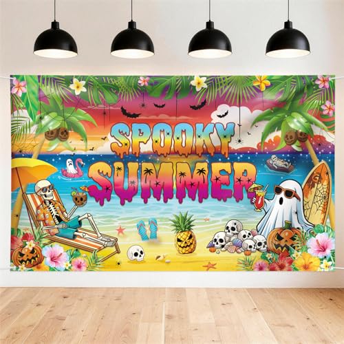 Large Summer Halloween Party Banner - Tropical Skeleton Photo Backdrop 72x43 Inches