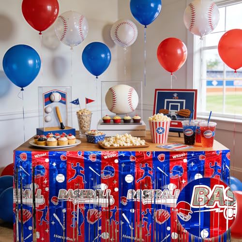 Baseball Party Table Decorations - 108x29.5 Inches Foil Fringe Skirts - Red, Blue & Silver
