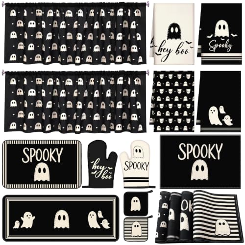 Halloween Kitchen Decor Set with Ghost Theme - 16 Pcs including Towels Rugs & More - Cute Ghost Variation