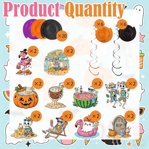 Summer Halloween Party Decorations Set - Tropical Beach & Pool Theme, Ceiling Swirls & Cardstock Decor