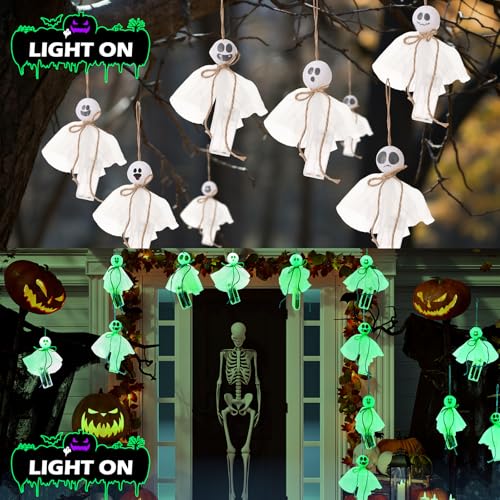 Halloween Hanging Ghost Decorations with LED Light - Green Light, 6 Pcs Indoor Outdoor