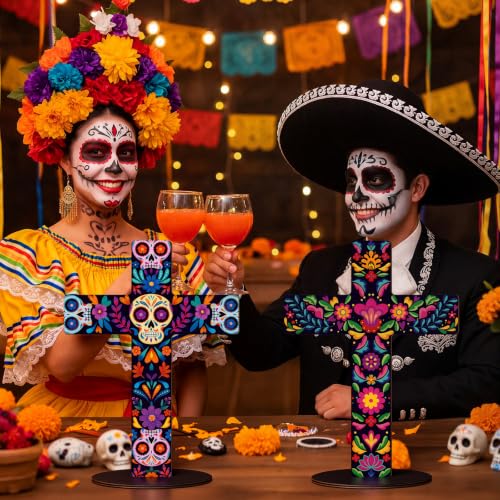 Pinkunn 2-Piece Mexican Cross Wood Table Decor - Floral Skeleton Variation