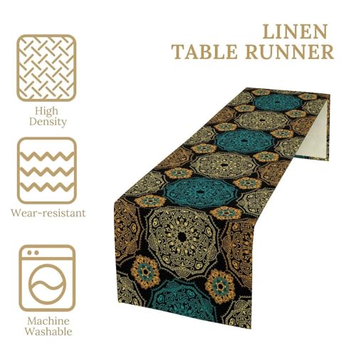 Mandala Floral Table Runner - Bohemian Ethnic Gold Pattern 13x36in - Rustic Home Decor