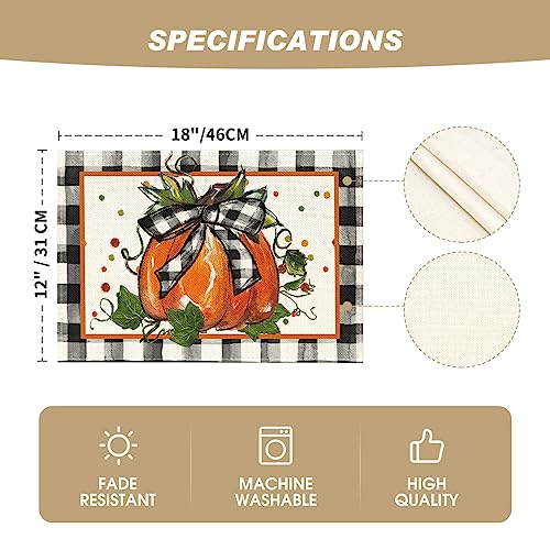 Pumpkin Buffalo Plaid Fall Placemats Set of 4 - 12 x 18 Inch Rectangular Black and Orange