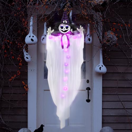 55-Inch Halloween Hanging Ghost with Witch Hat & LED Lights - Animated Spooky Decor
