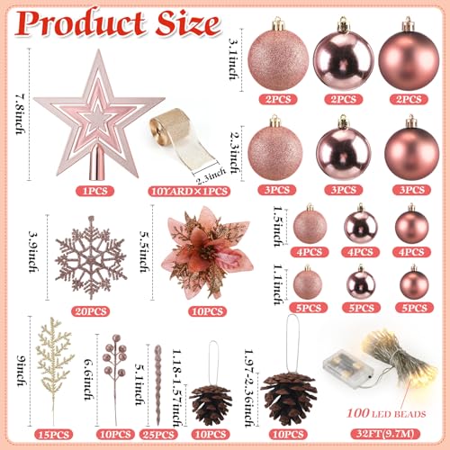 Canlierr 145-Piece Rose Gold Christmas Ornament Set with Lights & Decorations