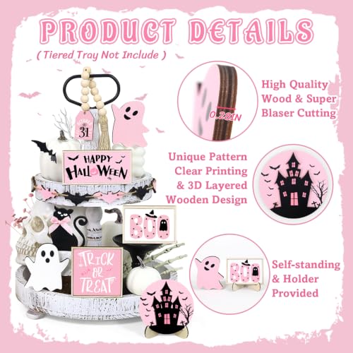Pink Halloween Tiered Tray Decor Set - Indoor Wooden Signs with Ghost Bat Pumpkin Centerpieces