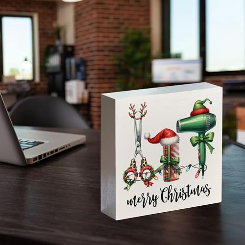 Christmas Salon Hair Wooden Sign - Barber Shop Decor, Gift, 5x5 Inch - Holiday Home Office Shelf Decoration