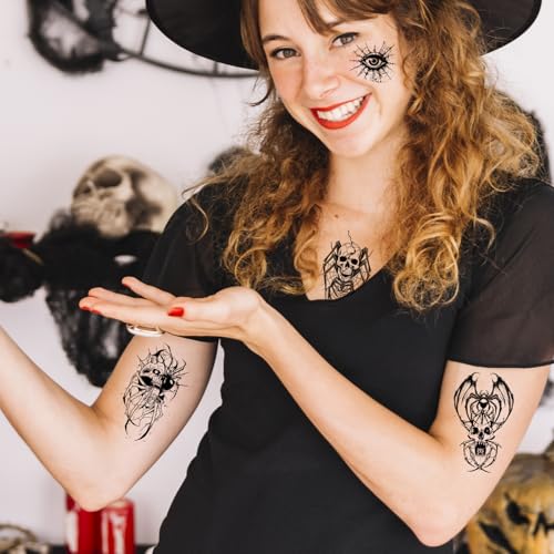 Skeleton Spider Halloween Tattoos - Scary Skull & Web Temporary Body Art with Variation