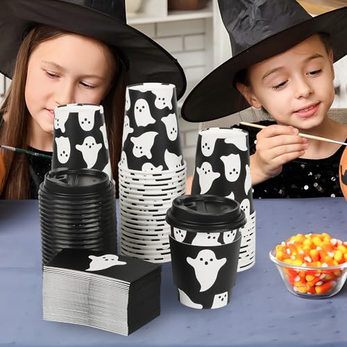 Halloween Ghost Disposable Coffee Cups with Lids & Sleeves - Black Ghosts