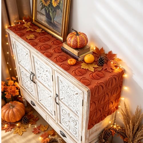 Fall Pumpkin Table Runner Rust 13x72 Inches Plush Autumn Decor
