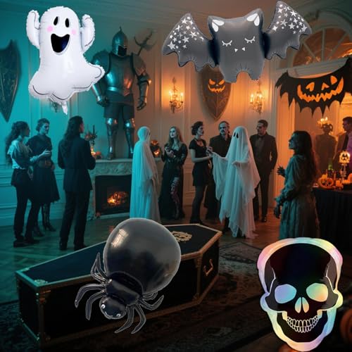 Halloween Foil Balloons Ghost Bat Skull Spidey Balloon Set - Black & White, 4 Pcs