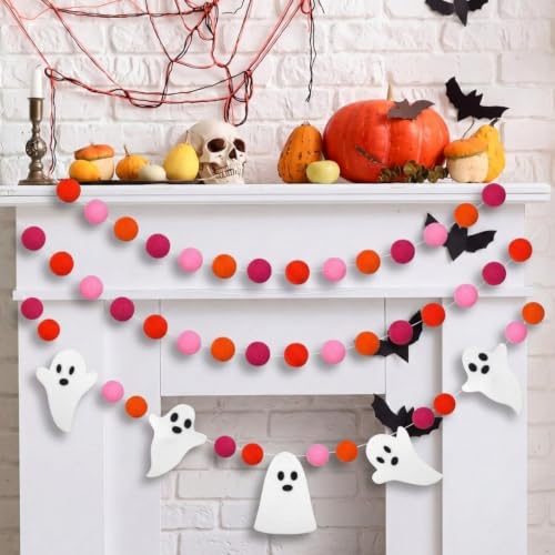 Halloween Felt Ghost Garland - 8.2ft Felt Ball Banners for Party Decoration, Variation of Ghost & Red Pink