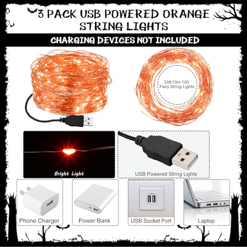 USB Fairy Lights 6 Pack - 33ft 100 LED Orange String Lights for Bedroom & Decor - Variation of THIS Listing