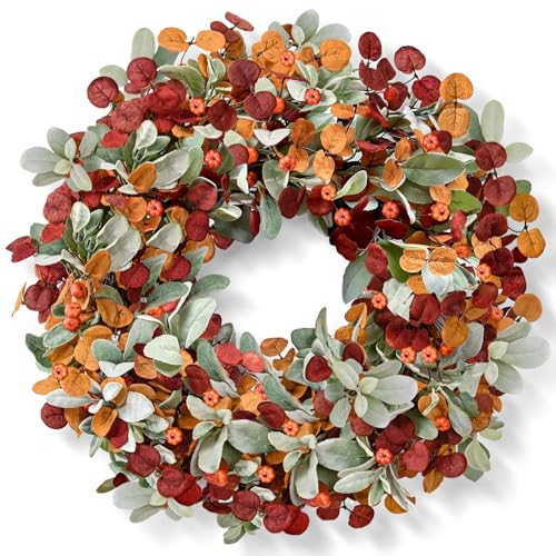 Fall Wreaths for Front Door - 26 Inch Autumn Door Decor with Lambs Ears, Leaves, Pumpkin - Set of 1 (Orange, Red, Green)
