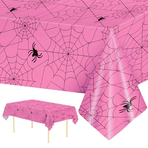 Pink Halloween Spider Web Tablecloths - 2 Pack, 108x54 Inch Disposable Plastic Decor