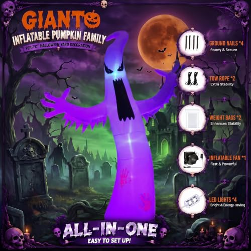Giant 12FT Inflatable Ghost Halloween Decoration with 4-Color LED Lights, Water Bags & Stakes