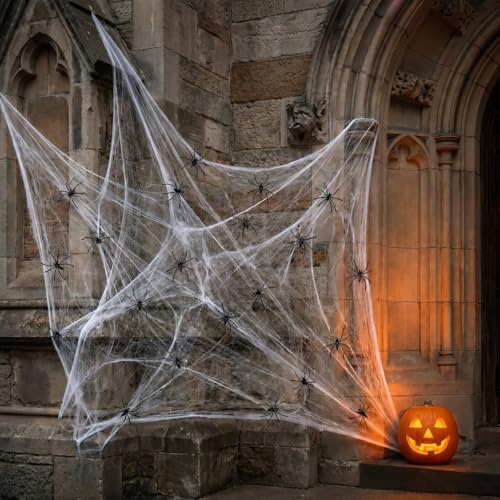 Halloween Spider Web Decor with 100 Fake Spiders - Stretchable & Reusable