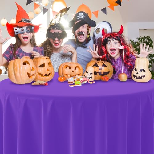 84 Inch Round Halloween Plastic Tablecloth Set - Purple Black Orange, 12 Pack - Witch Vampire Party Decorations