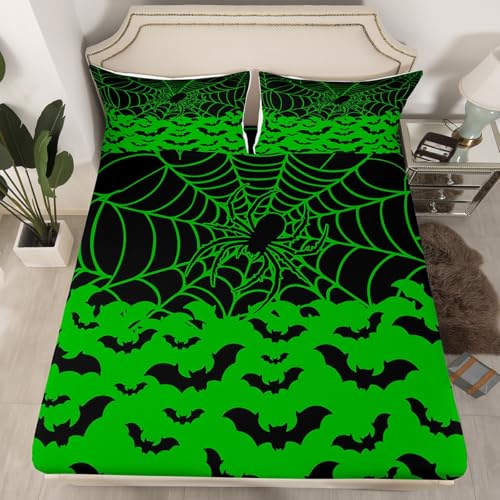 Feelyou Halloween Bat Bed Sheets Set - Green Queen Size Kids Bedding - Spider Web Design, Halloween Decor