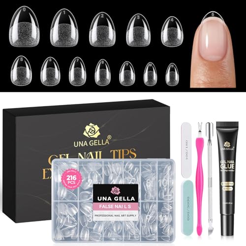 Gel Nail Tips Kit with Strong Nail Glue and Tools - Short Almond Design, 216 Pieces