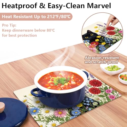 Faux Leather Cat & Flowers Placemats Set of 4 - Spring Inspired Table Decor