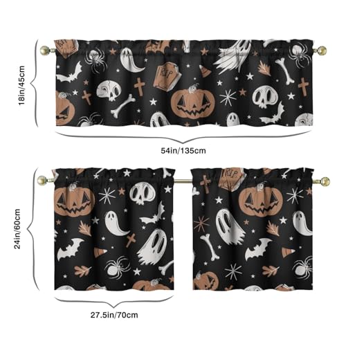Halloween Kitchen Curtains and Valances Set of 3 - Goth Pumpkin Ghost Decor, 27.5W x 24L
