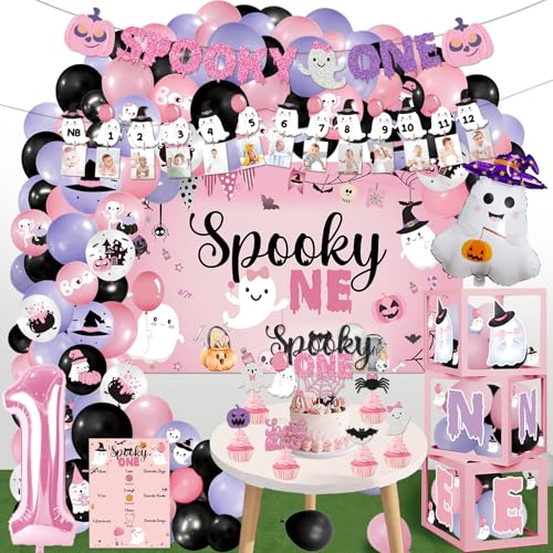 Halloween First Birthday Decorations Girl Pink Spooky Party Pack with Banner Balloons