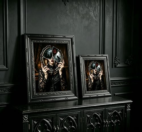 Dark Gothic Wall Art Poster - Victorian Woman with Broken Mirror, Framed, 16x12 in - Gothic Home Decor