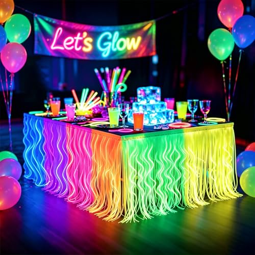 Glow in The Dark Party Table Skirts Set - 4 Pack Fluorescent Wavy Foil Fringe for Neon & Blacklight Events