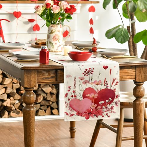 Artoid Mode Love Hearts Valentine's Table Runner 13x60 Inch Beige Home Decor