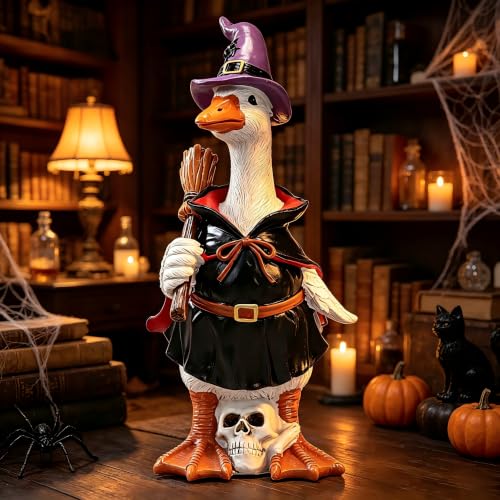 Halloween Goose Statue Black Resin Witch Skull Decor - 8.8"