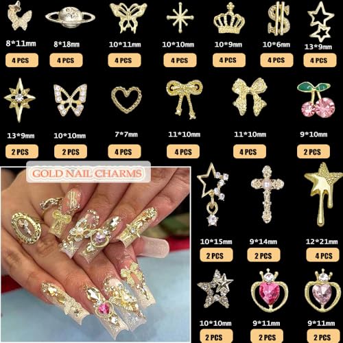 120 Pcs Silver Gold Nail Charms for Nail Art 3D Butterfly Cherry Star Heart & Cross Design