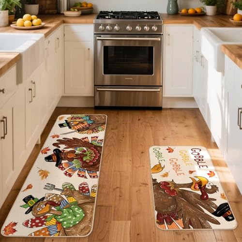 Thanksgiving Kitchen Rugs Set of 2 - Fall Holiday Door Mats for Indoor & Outdoor
