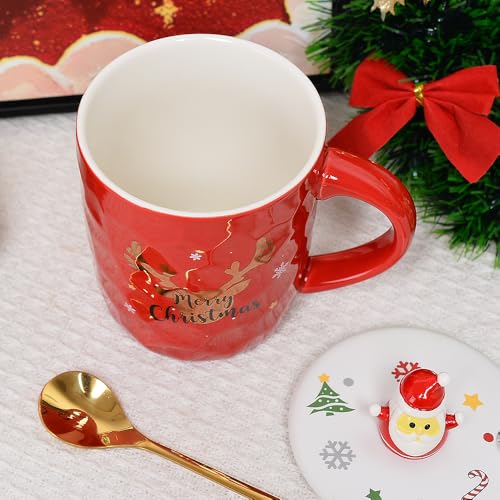 Red Santa Christmas Mug with 3D Lid and Spoon - 14oz Ceramic Holiday Coffee Cup